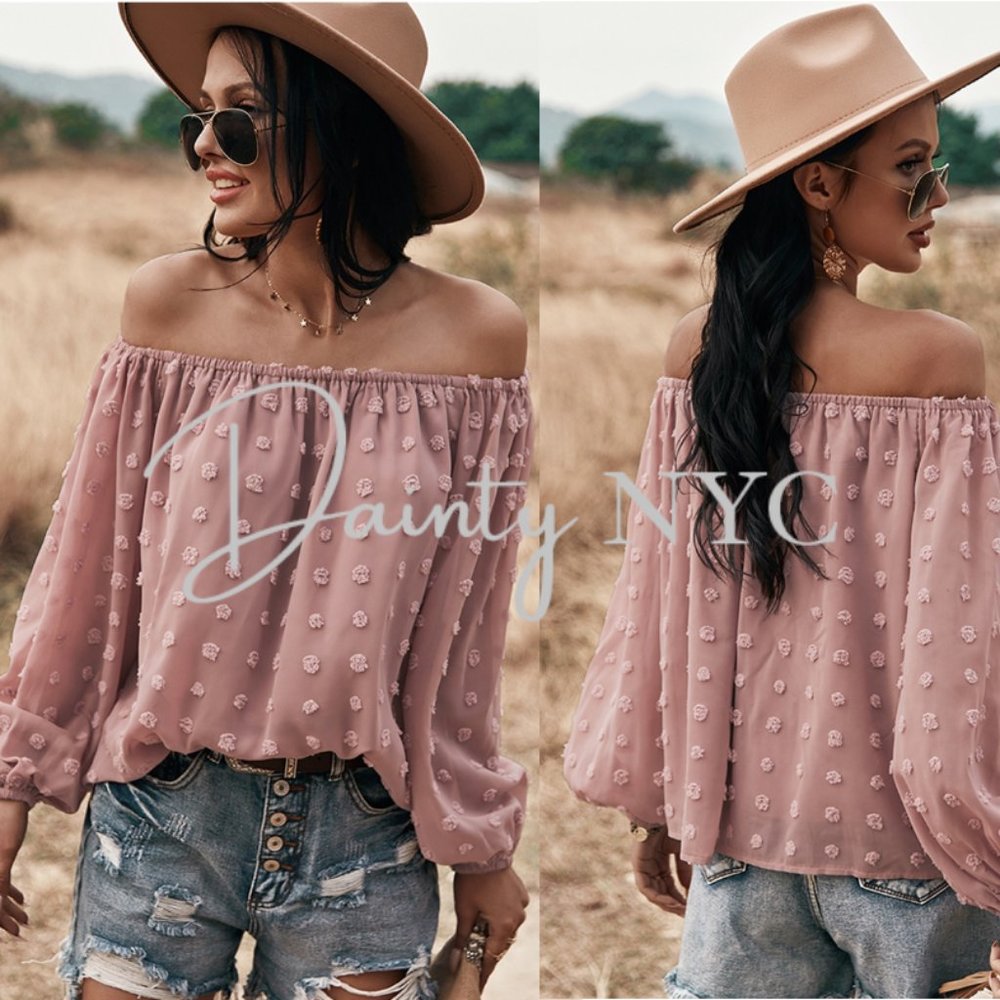 Boho Off Shoulder Loose Bubble Sleeve Top Pink - Picture 2 of 10